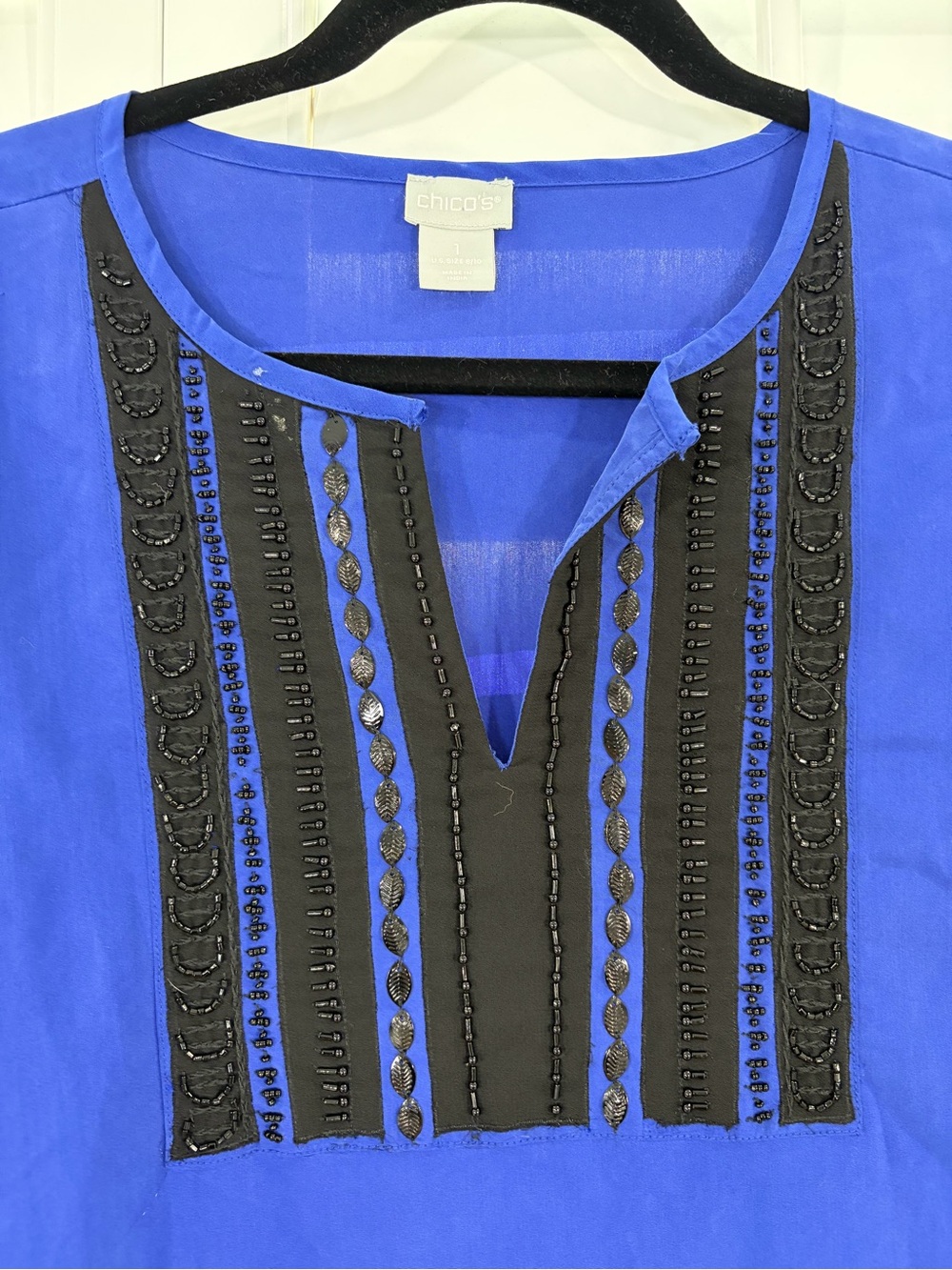 Chico's Cobalt Blue Beaded V-Notch Blouse (1) - Picture 3 of 12
